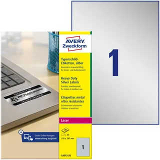 Avery Zweckform Typenschild-Etiketten L6013-20 Silber 210 x 297 mm 20 Blatt