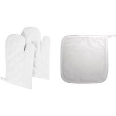 Creativ Company 444621 Topflappen und Ofenhandschuh Kitchen Gloves weiß Baumwolle & Rayher 3833600 Topflappen, 19 x 19 cm, quadratisch, weiß, 2 Stück, waschbar, Schutz beim Kochen und Backen