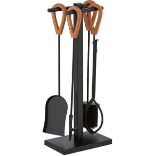 Relaxdays Kaminbesteck 5tlg. Set Leder 0,65 x 0,18 m schwarz/braun