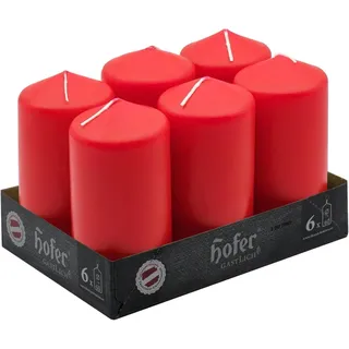 Hofer Stumpenkerzen - Mohnrot - 6 x 12 cm - Lange Brenndauer - 39 Stunden - Unparfümiert - Tropffreie - 6 Stück Kerzen