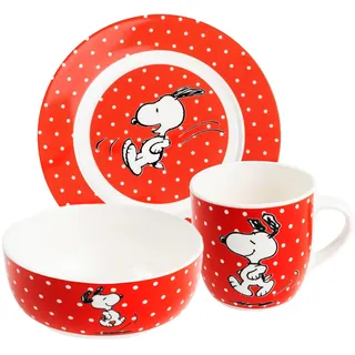 United Labels The Peanuts 3-teiliges Frühstücksset Snoopy, Rot mit Punkten, Geschirr Set aus Porzellan mit Teller Ø 19 cm, Tasse 220 ml und Schale 330 ml
