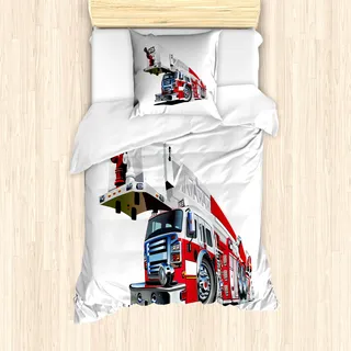 ABAKUHAUS Lastwagen Mantele, 911 Notfall Feuerwehrauto, Milbensicher Allergiker geeignet mit Kissenbezügen, 135 cm x 200 cm - 80 x 80 cm, Blau, Grau, Rot - Blau