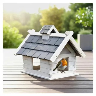 Vogelhaus aus Holz – 44×34×37 cm – Vogelhäuschen mit Holzschindeln, weiß/grau – Futterhaus für Wildvögel, wetterfest, dekorative Vogelvilla für Garten, Balkon & Terrasse