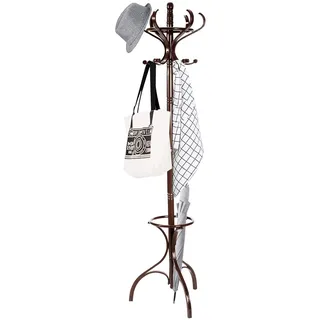 COSTWAY 182cm Garderobenständer Holz, Jackenständer mit 12 Haken, Kleiderständer mit Schirmständer, Garderobe Standgarderobe (Braun)