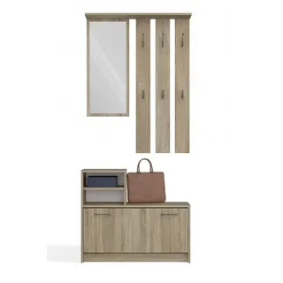 VIVA Garderobe Sonoma Eiche 180x85x24 cm mit Spiegel, höhenverstellbaren Haken, Schuhschrank (8-9 Paar) & Regal - Braun