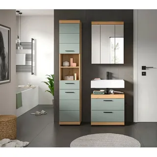 Mid.you Badezimmer , Salbeigrün, Eiche Artisan , Kunststoff , 3-teilig , 9 Fächer , 2 Schublade(n),3 Schublade(n) Schubladen , 112 cm , FSC Mix , stehend , Badezimmer, Badmöbelsets & Badmöbelserien, Badmöbel-Sets