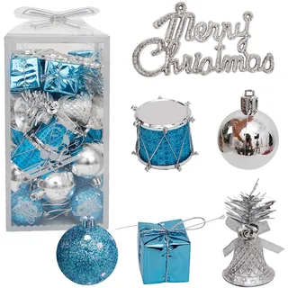 Taeku Mini Weihnachtskugeln, 32 Stück 4 cm Kunststoff Klingelglocken Trommel Schleife AnhäNger Baumkugeln Weihnachtsbaum Deko Weihnachtsdeko (Blau)