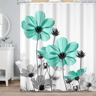 ASDCXZ Türkis Blumen Duschvorhang 180x180 cm, Aquarell Türkis Grau Gänseblümchen Blume Rustikal Bauernhaus Wasserdicht Badvorhang Polyester Textil Waschbar Duschvorhänge für Badewanne mit 12 Haken