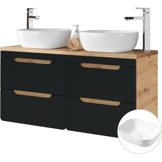 Doppel-Waschtischunterschrank 120 cm mit Keramik-Aufsatzbecken NEW-LUTON seidenmatt anthrazit mit Wotan Eiche Nb. B/H/T ca. 121/76,5/46 cm - Grau