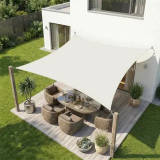 Sekey Sonnensegel Wasserdicht 2x3m Rechteckig – ohne Mittelnaht, hochdichtes PES 160g/m2, mit Edelstahl-Ringen & Lotus-Effekt, reißfest & 95% UV-Schutz, für Balkon Terrasse Garten, Creme