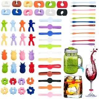 huoflame Glasmarkierer 60 Stück - Bunte Silikon Glasmarker für Weinglas, Cocktailglas, Trinkglas - Wiederverwendbare Glas Markierung für Party, Hochzeit, Bar, Familienfeier, Martini Gläser