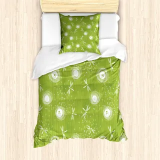 ABAKUHAUS Libelle Mantele, Dandelion Sketchy, Milbensicher Allergiker geeignet mit Kissenbezügen, 135 cm x 200 cm - 80 x 80 cm, Lime Green Creme