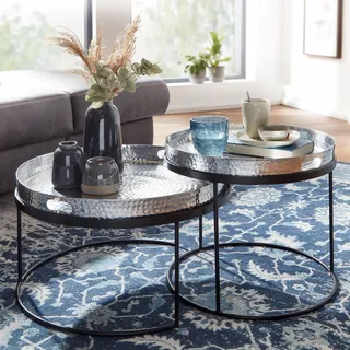 WOHNLING Couchtisch 2er Set Silber / Schwarz Metall Hammerschlag Satztisch Rund Sofatisch abnehmbares Tablett Tabletttisch Sofa 2 teilig Modern - Silber