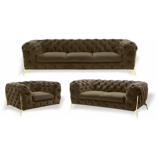 Luxus Möbel Sofa Garnitur Couch Sofa Polster 3 2 1 Sitzer Chesterfield Holz 3tlg - Braun