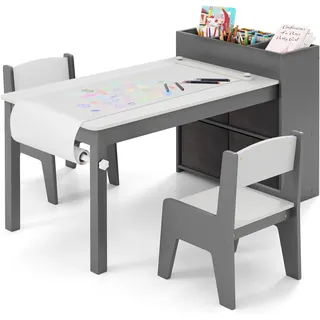 FANTASK Kindertisch mit 2 Stühlen, 2 in 1 Kindersitzgruppe aus Holz mit Stauraum, Grau