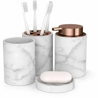Badezimmer Set 4 TLG Marmor – Badaccessoires Set mit Seifenspender, Zahnputzbecher & Zahnbürstenhalter – Badezimmer Zubehör Organizer modern weiß Copper – Bad Deko bonVIVO