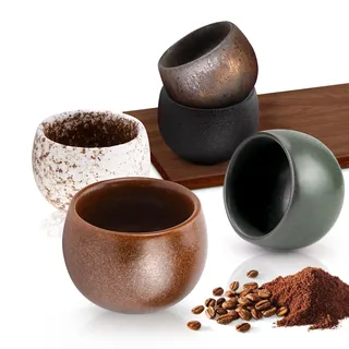 POFIBO Espressotassen Set - 5-teilig Espressotassen Steingut - 50ml Kleine Teetasse - Espresso Tassen Set - ohne Henkel - Dickwandig Keramik Kaffeetassen Set Geschenke für Frauen Männer Beste Freundin