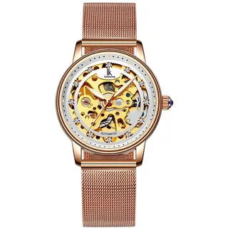 Alienwork Automatikuhr Armbanduhr Damen Roségold Metall Mesh Armband Edelstahl Weiss Skelett Glasboden
