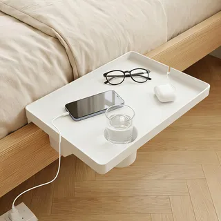 Hochbett Nachttisch Clip-On, Schwebendes Tablett mit Getränkehalter 43,2x29,6cm Weiß, Ultrastabiles Ablagebrett für Etagenbett & Studentenwohnheim, Universell als Couchtisch und Organizer