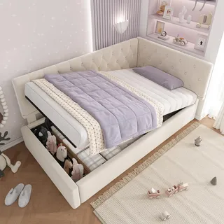 FAVSH Einzelbett 90x190 cm mit Bettkasten, Boxspringbett/Tagesbett mit Hydraulischer Stauraumfunktion, Samtbezug, Stabiler Holzlattenrost, Ohne Matratze (Beige)