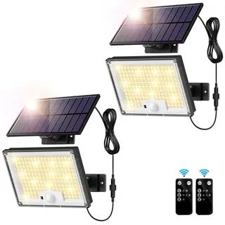 SIGRILL Solarlampen mit Bewegungsmelder 172LED, Solar Strahler IP65 Außenwandleuchte, Gartenleuchten mit 5m Kabel, Solarleuchten für Außen, Garage (2 Stück-Warmes Licht)