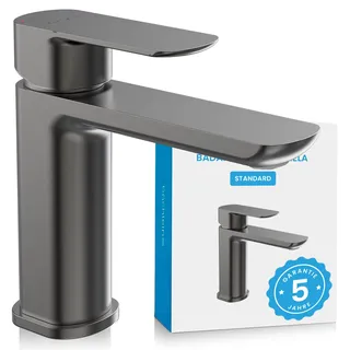 Bächlein Badarmatur Mizarela in klassischem Design, Einhebelmischer mit langlebiger Keramikkartusche und Montage-Set, Bad Wasserhahn Anthrazit - flacher Auslauf