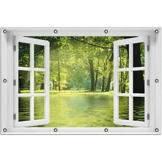 Wallario Outdoor-Poster für Garten oder Balkon 80 x 120 cm: Idyllischer See im Wald bei Sonnenschein - Grün