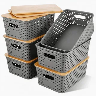 Huiguli Aufbewahrungsbox mit Bambus Deckel, Schubladen Organizer und Küchen Organizer, Imitierter Rattan Kunststoff Stapelbare Aufbewahrungsboxen mit Deckel für Büro, Kleiderschrank Oder Schreibtisch