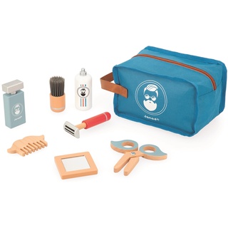 JANOD Barber Case Barbierkoffer für Kinder-7 Holz-Accessoires + Etui-Rollenspielzeug-Entwickelt die Fantasie-Holzspielzeug-Ab 3 Jahre, J06552, Bleu, 21 x 13 x 13