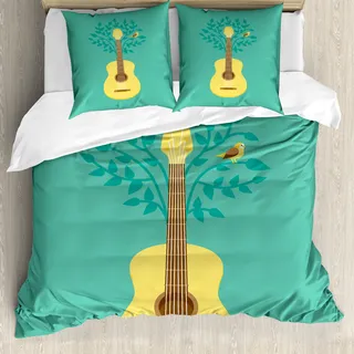 ABAKUHAUS Gitarre Bettbezug, Natur Instrument Vogel, Milbensicher Allergiker geeignet mit Kissenbezügen, 200 cm x 200 cm - 80 x 80 cm, Seafoam Senf