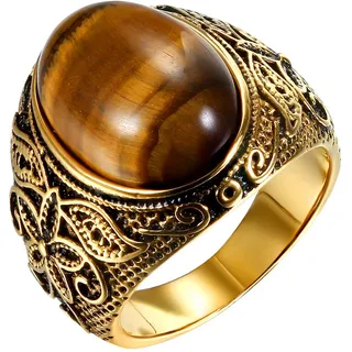 JewelryWe Schmuck Herren-Ring, Tiger-Auge Edelstahl, Retro Klasische geschnitzt Blumen Muster Ring Band, Gold - Größe 67