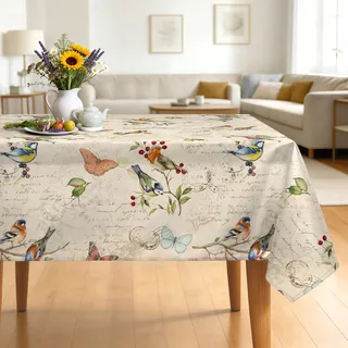 Arquiel Tischdecke Landhaus Vintage Vogel, Tischdecken Abwaschbar Rechteckige Wasserabweisend Tischtuch Tischdeck Für Garten, Küche Essen Parteien Frühling/Sommer (152 X 264 cm)
