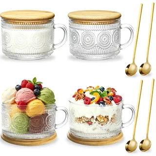NXPZ 4 Stück 450 ml Vintage Glaskaffeetassen, Reliefglasbecher mit Bambusdeckel und Löffeln, Geeignet für Tee, Cappuccino, Latte, Müsli und Joghurt, für Geburtstag und Weihnachten