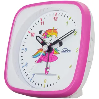 SELVA Quarzwecker Einhorn-Ballerina, perfekt zur Einschulung pink/weiss. Schleichende Sekunde lautlos, analog, für Kinder, buntes Zifferblatt mit Licht/Weckwiederholung. Maße: 95 x 95 x 45 mm