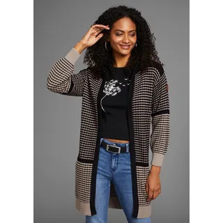 Kapuzenstrickjacke KANGAROOS, Damen, Gr. 32/34, grau (schwarz, grau, gemustert), Strick, Obermaterial: 50% Baumwolle, 50% Polyacryl, gemustert, lässig geschnitten lang, Rippbündchen, Strickjacken Kapuzenstrickjacke, mit angesagtem Strickmuster, Topseller