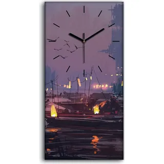 Wanduhr Bürouhr Leinwand Bild 30x60 Gemälde Abstrakte Kunst Boote Nebel Laterne - schwarze Hände - Lila