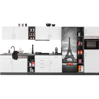 Küchenzeile KOCHSTATION "KS-Paris – Küchen mit einzigartigen Fotomotiven auf den Fronten", weiß (küche: weiß, front: weiß, korpus: grafit, arbeitsplatte: anthrazit), B:400cm H:200cm T:60cm, Komplettküchen-Sets, Küchenzeile, Breite 400 cm, wahlweise mit E-Geräten und Induktion