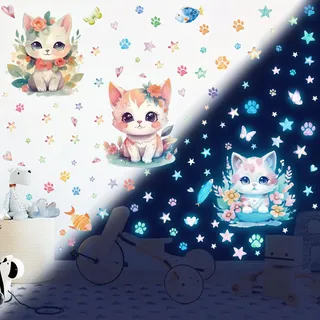 Leuchtsterne Selbstklebend Wandtattoo Kinderzimmer Mädchen Leuchtsticker Kleine Katze Leuchtsterne Wandsticker Sternenhimmel Leuchtaufkleber Aufkleber Babyzimmer Deko für Mädchen Geschenke Blau