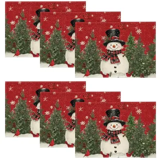 Artoid Mode Schneemann Rot Schals Kiefern Weihnachten Platzsets 6er Set, 30x45cm Urlaub Tischsets Waschbar Platzdeckchen Küche Party Deko