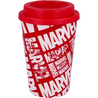 Elbenwald Marvel Thermobecher - 390 ml - Coffee-To-Go-Becher mit Schraubverschluss (14 cm Höhe) - Rot mit Comic Logo Motiv