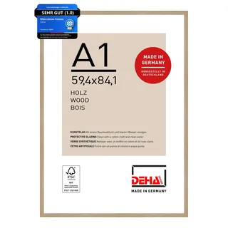 DEHA Design Holz Bilderrahmen Fontana, 59,4 x 84,1 cm (A1), Hellbraun | Holz Posterrahmen im Hoch- & Querformat zum Aufhängen Hellbraun matt bruchsicheres Kunstglas