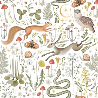 VEELIKE Dschungel Tapete Weiß Pilztapete Boho Tapete Wald Tropische Blumentapete 44.5cm x 300cm Mustertapete Kaninchen Schlangen Selbstklebende Tapeten Blumen Fototapete Schlafzimmer Kinderzimmer