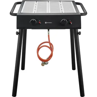 HENDI Xantos Gasgrill, mit 2 Brennern, Gasschlauch, Druckregler, abnehmbaren Beinen, 2 leicht zu reinigenden Rosten, windfest, für Gasflaschengas (Propan), 770x710x(H)870mm, Edelstahl