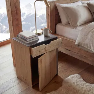 Kommode HWC-L76, Nachttisch Beistelltisch, Industrial Massiv-Holz MVG-zertifiziert 60x50x40cm, natur