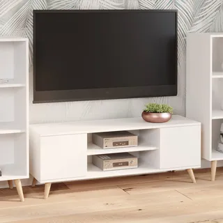 Dmora - Fernsehschrank Lomza, Ständer für Wohnzimmerfernseher, Niedriges Wohnzimmer-Sideboard, TV-Ständerbasis, 155x40 h50 cm, Weiß