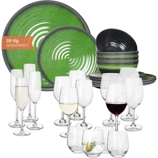 Melamin Camping Geschirr Set 4 Personen Stone Green + 16 Tiamo Gläser Wassergläser Weingläser Champagner-Gläser Flûtes Tafelgeschirr Picknick BBQ Kochgeschirr