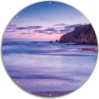 Wallario rundes Outdoor-Poster für Garten oder Balkon, Motiv Kalifornischer Strand am Abend mit Felsenküste, 60 cm Durchmesser - Blau