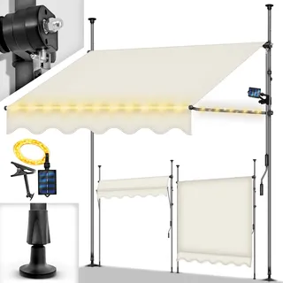 tillvex Klemmmarkise 150 cm Sand mit Solar LED mit Handkurbel Balkon | Balkonmarkise ohne Bohren | Markise UV-beständig & höhenverstellbar | Sonnenschutz wasserdicht - Beige