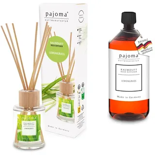 pajoma® Raumduft Lemongrass 100 ml + Nachfüller 1000 ml | Komplett-Set mit Rattanstäbchen | Langanhaltender Diffuser, Premium Qualität