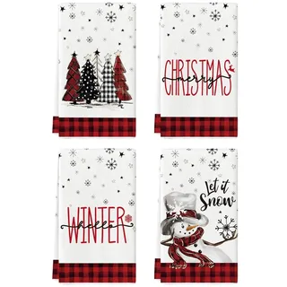 Artoid Mode Rot Schwarz Büffelkaro Schneemann Bäume Weihnachten Küchentücher Geschirrtücher, 42x65 cm Schneeflocken Deko Polyester Handtücher 4er Set